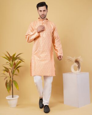 Men’s Premium Cotton Blend Jacquard Kurta – Stylish Ethnic Wear for Weddings & Festive Occasions - Peach