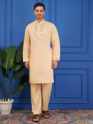 Men's pure Viscose Cotton Sequence Embroidered neck work kurta | Elegant traditional outfit for weddings & festive wear - Cream