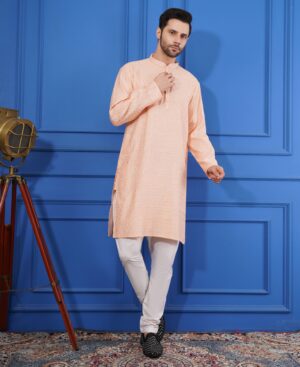 Men's pure Viscose Cotton Sequence Embroidered neck work kurta | Elegant traditional outfit for weddings & festive wear - Peach