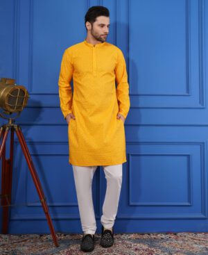 Men's pure Viscose Cotton Sequence Embroidered neck work kurta | Elegant traditional outfit for weddings & festive wear - Yellow