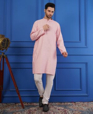 Men's pure Viscose Cotton Sequence Embroidered neck work kurta | Elegant traditional outfit for weddings & festive wear - Pink