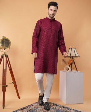 Men's pure Viscose Cotton Sequence Embroidered neck work kurta | Elegant traditional outfit for weddings & festive wear - Wine