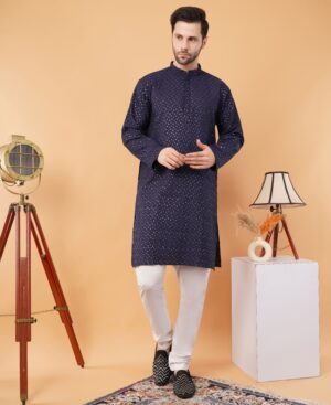 Men's pure Viscose Cotton Sequence Embroidered neck work kurta | Elegant traditional outfit for weddings & festive wear - Navy Blue