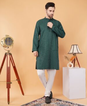 Men's pure Viscose Cotton Sequence Embroidered neck work kurta | Elegant traditional outfit for weddings & festive wear - Green
