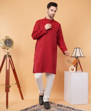Men's pure Viscose Cotton Sequence Embroidered neck work kurta | Elegant traditional outfit for weddings & festive wear - Maroon