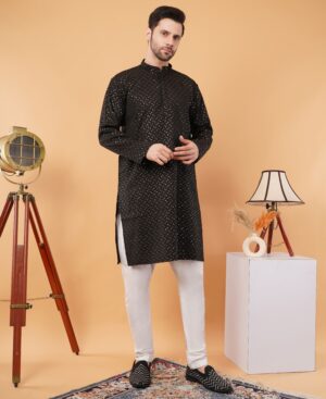 Men's pure Viscose Cotton Sequence Embroidered neck work kurta | Elegant traditional outfit for weddings & festive wear