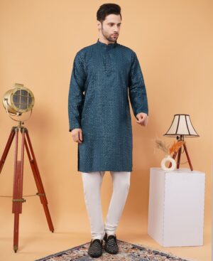 Men's pure Viscose Cotton Sequence Embroidered neck work kurta | Elegant traditional outfit for weddings & festive wear - Teal
