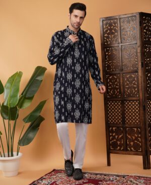 Men's Viscose Cotton Sequence white Embroidered kurta | Elegant traditional outfit for weddings & festive wear - Navy Blue