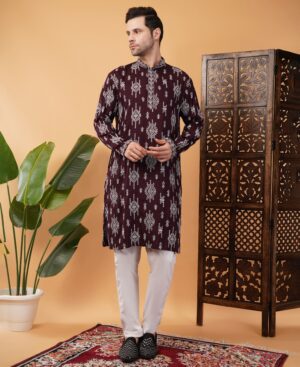 Men's Viscose Cotton Sequence white Embroidered kurta | Elegant traditional outfit for weddings & festive wear - Wine