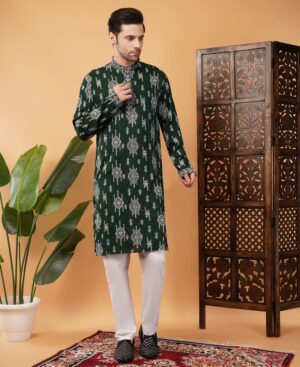 Men's Viscose Cotton Sequence white Embroidered kurta | Elegant traditional outfit for weddings & festive wear - Dark Green