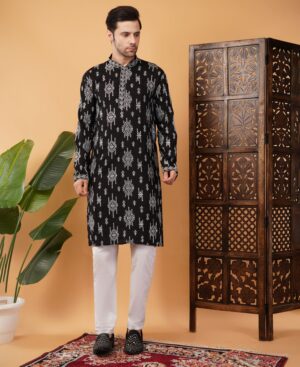 Men's Viscose Cotton Sequence white Embroidered kurta | Elegant traditional outfit for weddings & festive wear