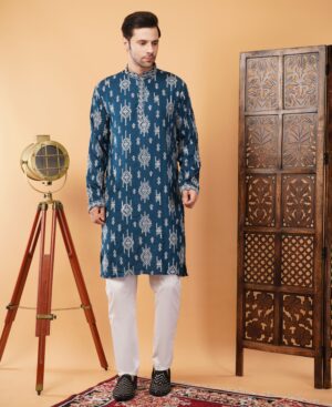 Men's Viscose Cotton Sequence white Embroidered kurta | Elegant traditional outfit for weddings & festive wear - Teal