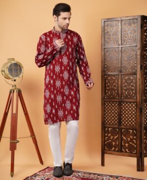 Men's Viscose Cotton Sequence white Embroidered kurta | Elegant traditional outfit for weddings & festive wear - Maroon