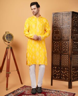 Men's Viscose Cotton Sequence white Embroidered kurta | Elegant traditional outfit for weddings & festive wear - Yellow