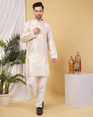 Men’s Premium Cotton Blend Jacquard Kurta – Stylish Ethnic Wear for Weddings & Festive Occasions - Cream