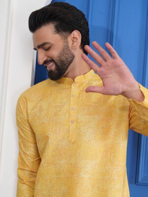 Men Woven Floral Printed Cotton Kurta | Adhirajan