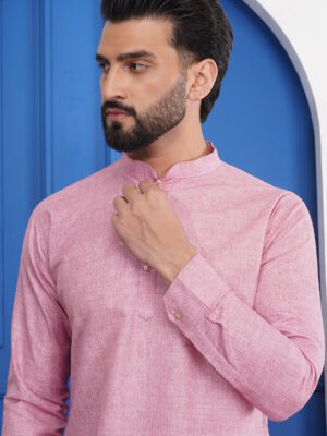 Men Classic Rust Linen Textured Printed Cotton Kurta | Adhirajan