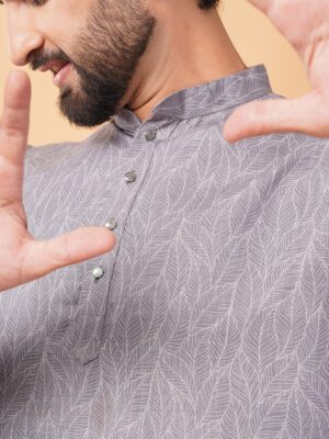 Men Grey Leaf Texture Printed Cotton Kurta | Adhirajan