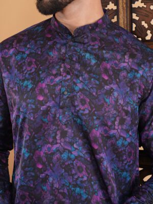 Men Midnight Floral Printed Cotton Kurta | Adhirajan