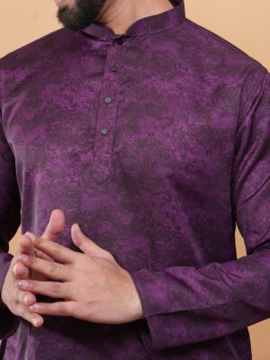 Men Luxury Purple Rose Floral Printed Cotton Kurta | Adhirajan