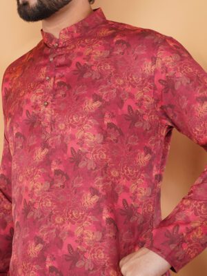 Men Blush Red Rose Garden Printed Cotton Kurta | Adhirajan