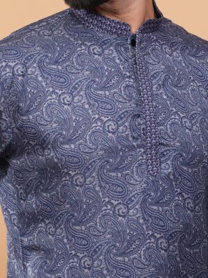 Men Blue Ivory Paisely Printed Cotton Kurta | Adhirajan