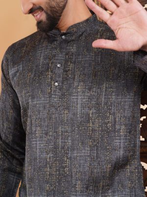 Men Royal Ash Black&Gold Printed Cotton Kurta | Adhirajan