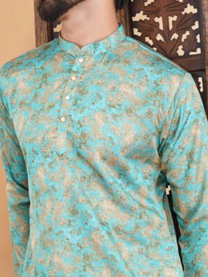 Men Aqua Marble Ocean Mist Printed Cotton Kurta | Adhirajan