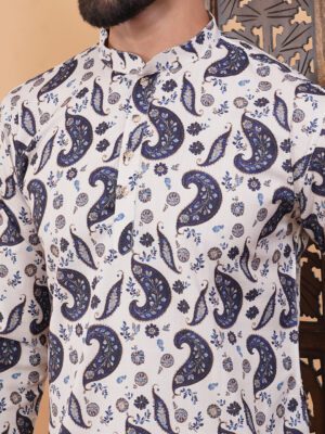 Men Ivory Blue Paisley Printed Cotton Kurta | Adhirajan
