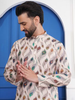 Men Peacock Elegance Printed Cotton Kurta | Adhirajan