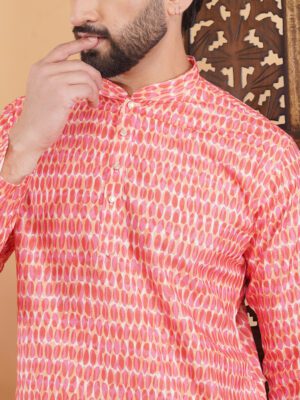 Men Peach Abstract Printed Cotton Kurta | Adhirajan