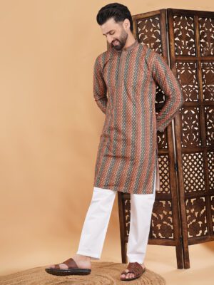 Men Classic Diamond Trellis Printed Cotton Kurta | Adhirajan