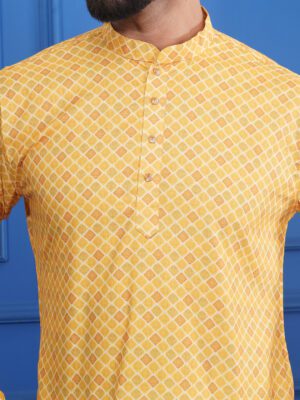 Men Mustard Yellow Diamond Printed Cotton Kurta | Adhirajan
