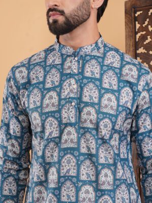 Men Miniature Heritage Window Printed Cotton Kurta | Adhirajan