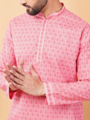 Men Heritage Pink Butta Printed Cotton Kurta | Adhirajan