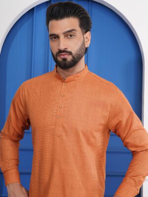 Men Classic Rust Linen Textured Printed Cotton Kurta | Adhirajan