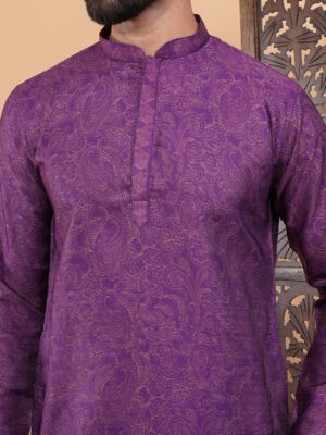 Men Royal Purple Paisely Printed Cotton Kurta | Adhirajan